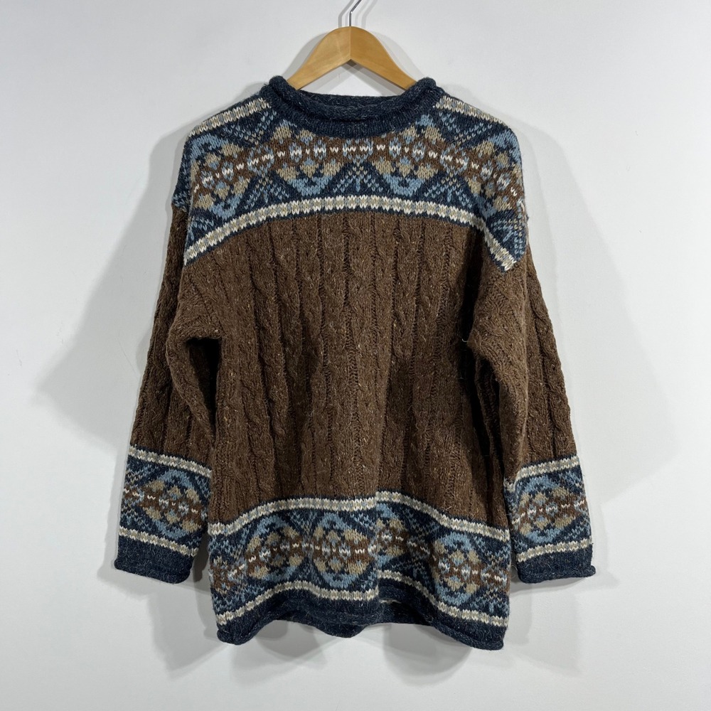 VTG Folk Roll Neck Wool Blend Fair Isle Cable Knit Sweater Brown Large Fisherman